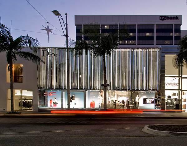 The lower façade of the Dior Flagship Store in Beverly Hills functions as a shop window, while the upper façade shows the new look from Christian Dior Couture.