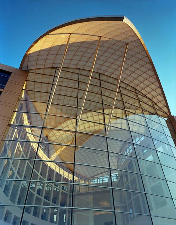 Die Freiform-Dachkonstruktion vom Fassadenbauspezialisten seele stellt eine Friedenstaube und einen Olivenzweig dar.