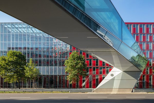 Pedestrian Bridge made of steel and glass in Dusseldorf, Germany, made by seele.