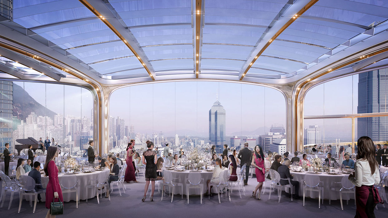 All-glass facade and roof structure for the banquet hall of The Henderson in Hong Kong, made by seele