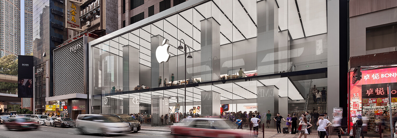 The all-glass-façade of the Apple Retail Store, Canton Road, Hongkong, realized by seele,  has three floors and consist of glass panes with up to 14.5m height.
