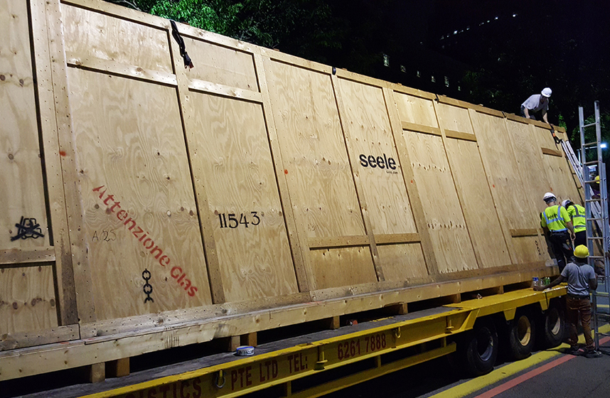 Delivery and assembly of the material for the Apple retail store Knightsbridge, Shanghai, during night.
