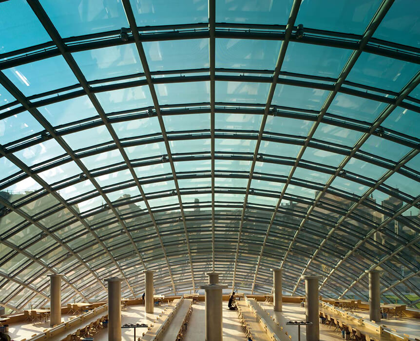 seele fertigte und montierte die ellipsoide Glaskuppel der Mansueto Library in Chicago, ebenso wie die verbindende Glasbrücke.
