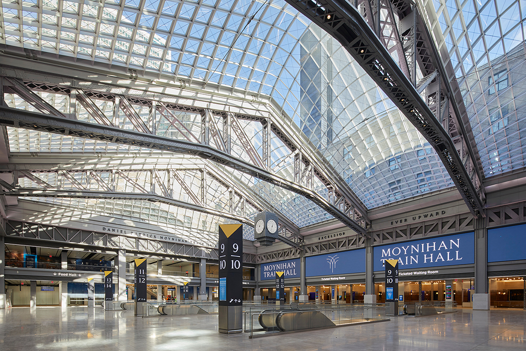seele was comissioned to manufacture the free-form steel-and-glass roof  for the moynihan train hall.