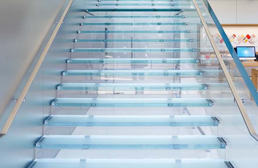 All-glass staircase for Apple retail store in San Francisco made by seele.